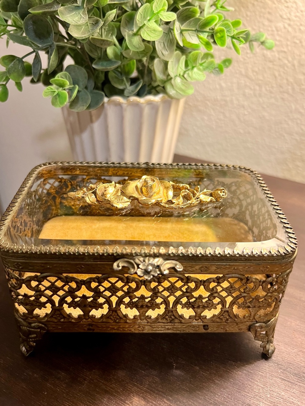 Ornate Gold Glass Top Jewelry Trinket Box - Decorative Vanity Tray
